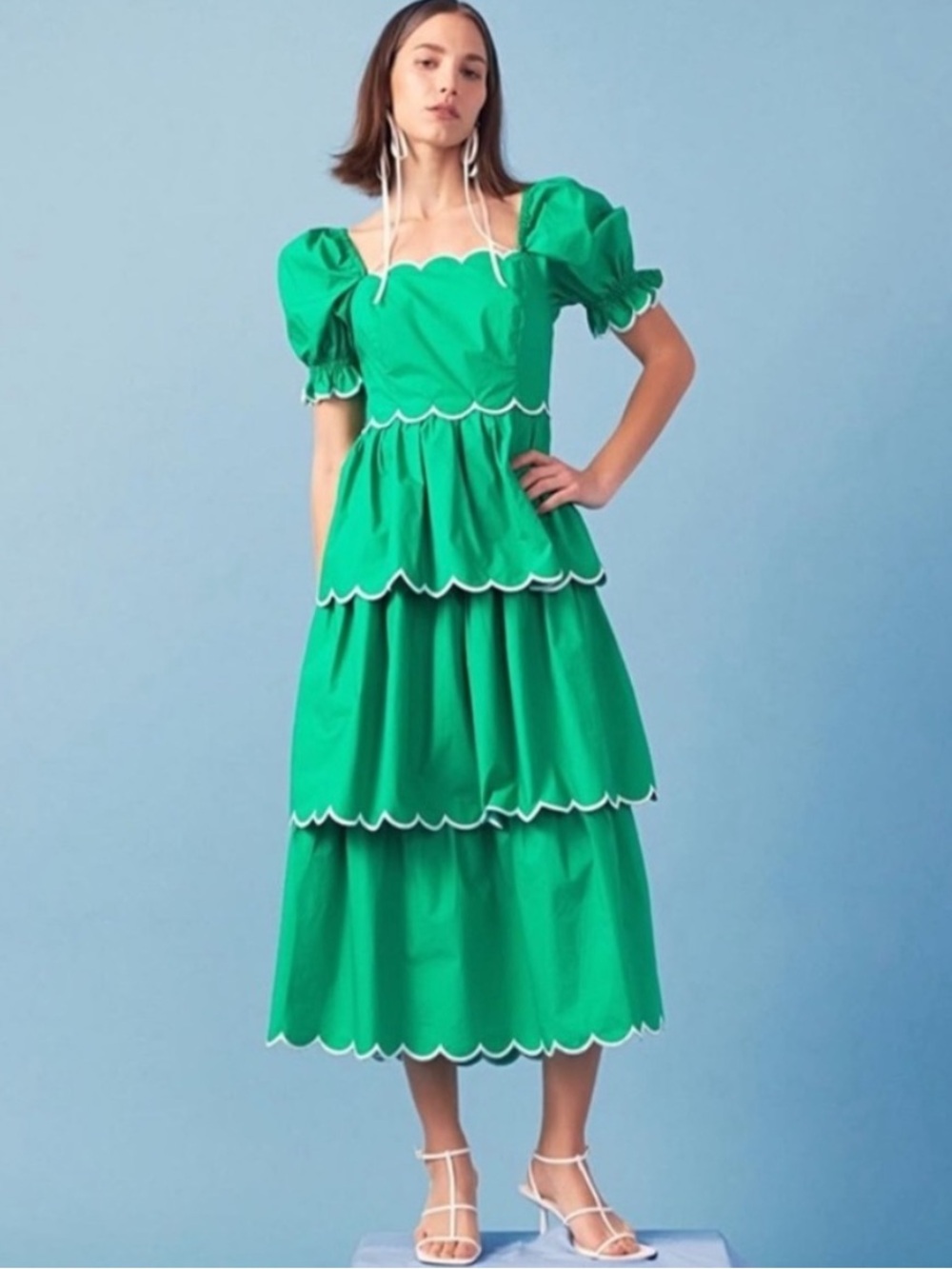 NWT English Factory Green Scallop Tiered Dress Puff Sleeve Kelly Sz S